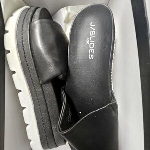 J Slides Rollie black leather new in box size 8 never worn